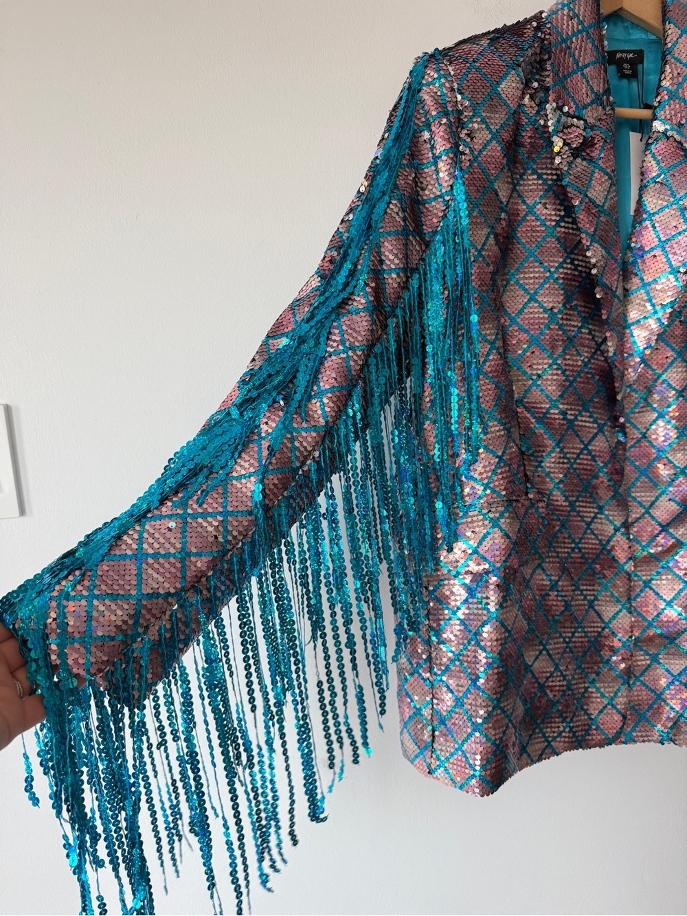 Nasty Gal Premium Sequin Fringe Blazer Rainbow Diamond Check Jacket Size 6 - Picture 5 of 9